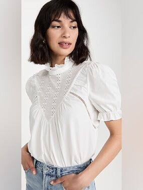 Free the Roses Lace Yoke Puff Sleeve Top – White